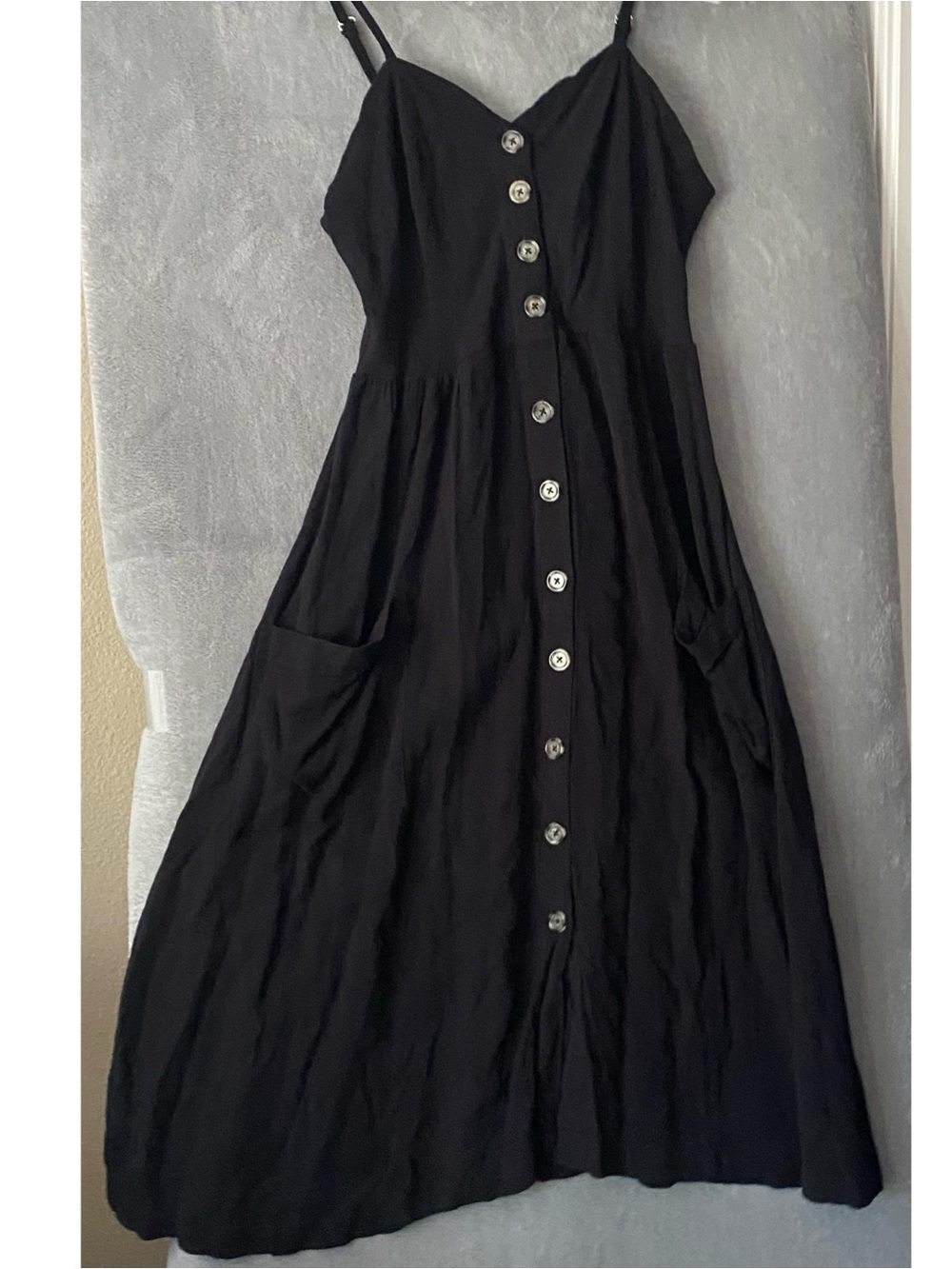 Good Luck Gem Black Button-Front Spaghetti Strap Dress